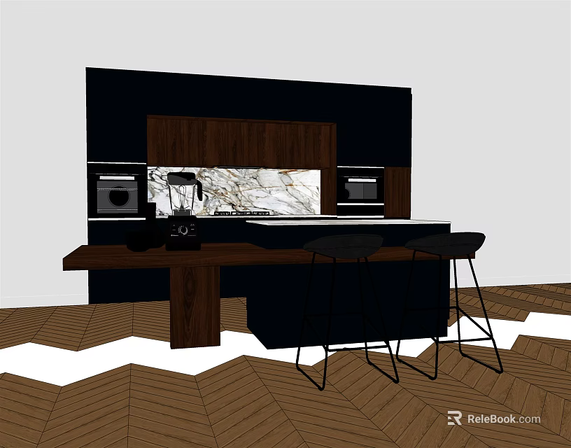 Modern Kitchen Interior With Black Brown Wooden Cabinets Marble Island And Stools 3d model 