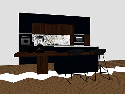 Modern Kitchen Interior With Black Brown Wooden Cabinets Marble Island And Stools 3d model
