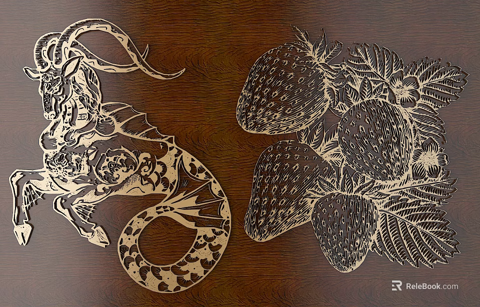 Intricate Carvings Dragon Design and Strawberry With Leaves on Wooden Background 3d model 