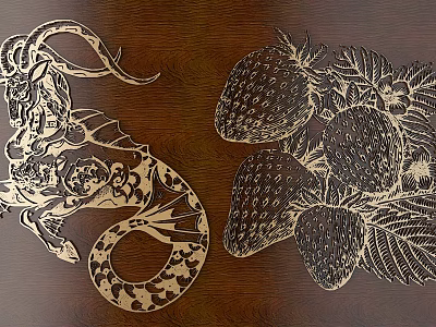 Intricate Carvings Dragon Design and Strawberry With Leaves on Wooden Background 3d model