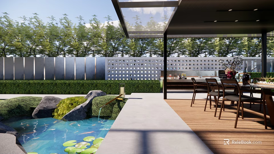 Garden Landscape Design With Pool Water Lilies Stone Features Wooden Deck And Pergola 3d model 