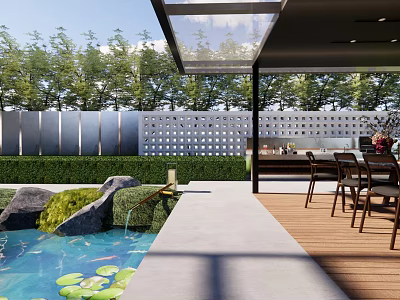 Garden Landscape Design With Pool Water Lilies Stone Features Wooden Deck And Pergola 3d model