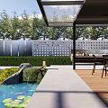 Garden Landscape Design With Pool Water Lilies Stone Features Wooden Deck And Pergola