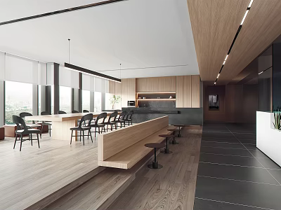 Modern Break Room Interior Design With Wooden Long Table Chairs And Natural Light 3d model