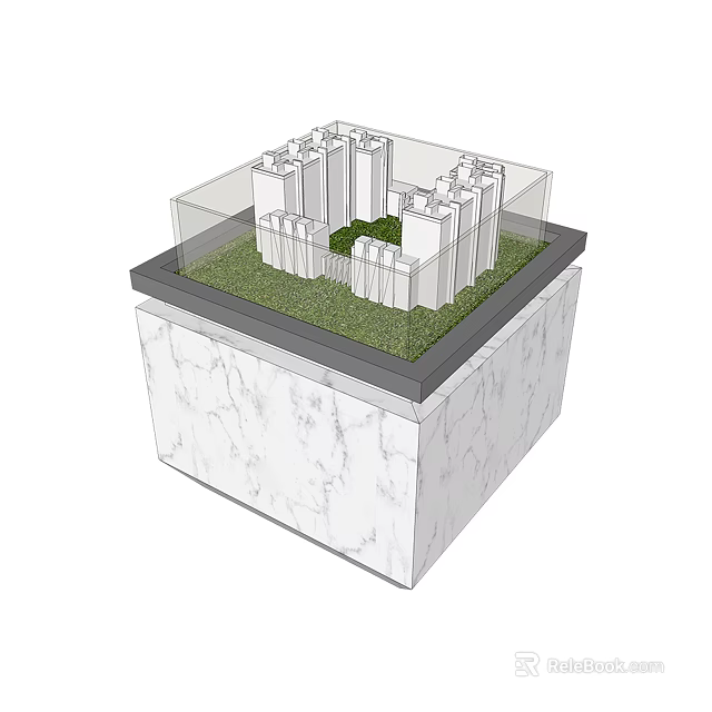 Showcase Shelf With Marble Base Transparent Glass Cover Green Lawn And Building Models 3d model 