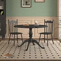Black Round Dining Table and Chairs with Green Wall Patterned White Wall and Checkered Rug 3d model