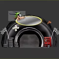 Tire Shaped Living Playhouse With Green Hatted Cartoon Figure Stacked Tires Checkered Flags Red Cabinet