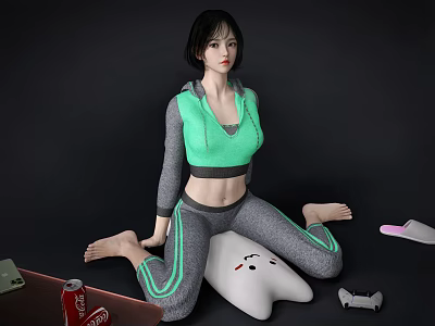 Woman In Gray Green Sportswear Sitting On Floor With White Cartoon Cushion Cola Laptop Controller 3d model