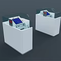 White Functional Desk With Transparent Protective Shield Blue Screen And Self Service Elements