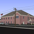 Two Story Red Brick Building With American Flag Trees Street And Cars