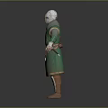 Man Dressed As Medieval Knight In Green Robe With Helmet And Cross Emblem