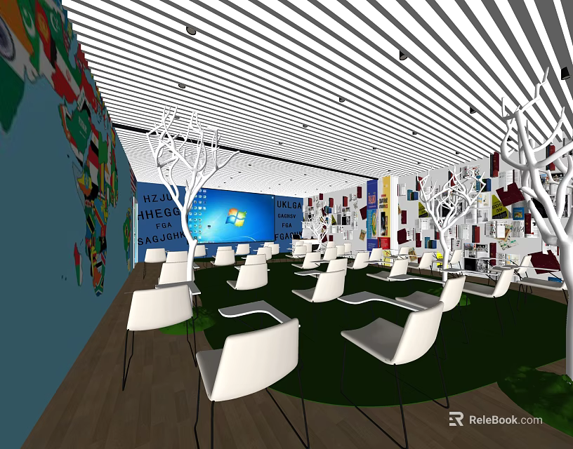 School International Learning Space With World Map National Flags White Chairs Green Carpet And Bookshelves 3d model 