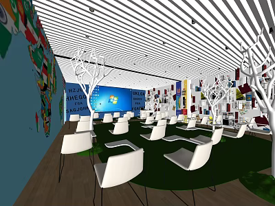 School International Learning Space With World Map National Flags White Chairs Green Carpet And Bookshelves 3d model