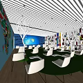 School International Learning Space With World Map National Flags White Chairs Green Carpet And Bookshelves