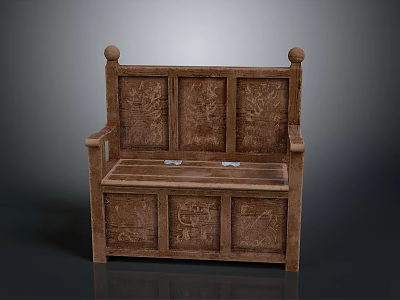 Traditional Wooden Bench With Carved Backrest Spherical Armrests And Storage Compartment 3d model