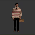 Man Wearing Red And White Striped Poncho With Patterns Holding Wooden Box Against Gray Background