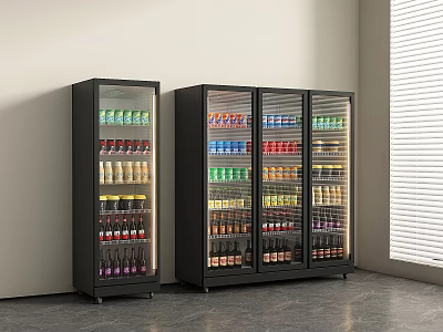 Black Upright Glass Door Refrigerators Freezers Display Beverages And Food In Modern Kitchen 3d model