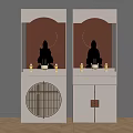 Traditional White Buddha Shrine Cabinet With Golden Halo And Decorative Candles