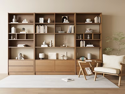 Minimalist Wooden Bookcase With Multi Shelves Books Decorations Vases And Cozy Reading Corner 3d model