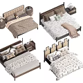 Double Bed Sets Featuring Patterned Bedding Wooden Headboards and Nightstands 3d model