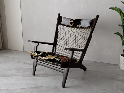 Wooden Frame Lounge Chair With Woven Backrest And Patterned Cushion Near Green Plant 3d model