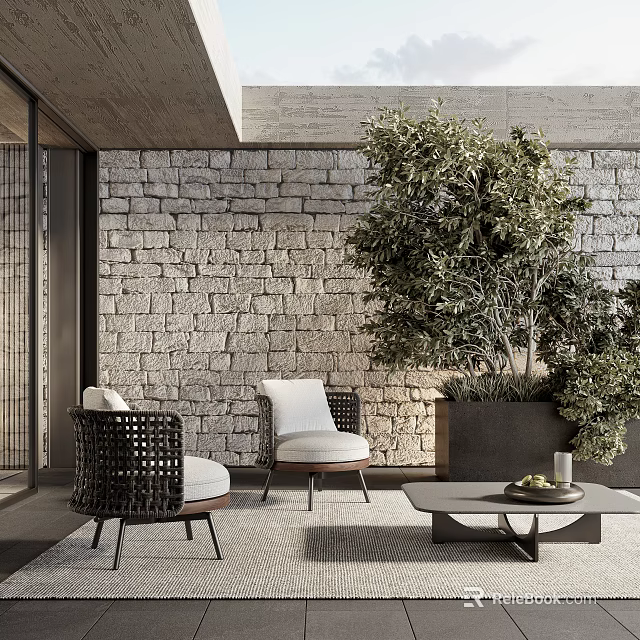 Comfortable Wicker Outdoor Chairs With White Cushions Wooden Legs Stone Wall And Green Plants 3d model 