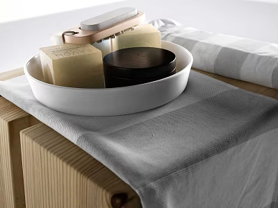 Minimalist Bathroom Accessories with White Tray Soap Black Container and Gray Towel on Wooden Surface 3d model