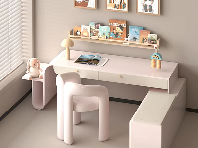 Pink Desk Interior With White Chair Lamp Open Book Wall Shelf And Window Blinds 3d model