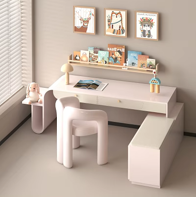 Pink Desk Interior With White Chair Lamp Open Book Wall Shelf And Window Blinds 3d model