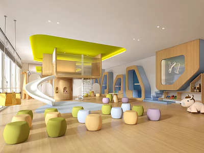 Modern Children's Entertainment Room Interior With Slide Colorful Stools Wooden Floor And Yellow Ceiling 3d model