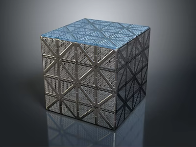 Modern Geometric Cube Featuring Intricate Lattice Pattern And Metallic Blue Surface 3d model