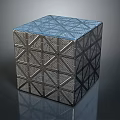 Modern Geometric Cube Featuring Intricate Lattice Pattern And Metallic Blue Surface