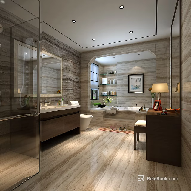 Modern Elegant Spacious Bathroom Interior With Marble Tiles Shower Enclosure Bathtub And Functional Vanity Area 3d model 