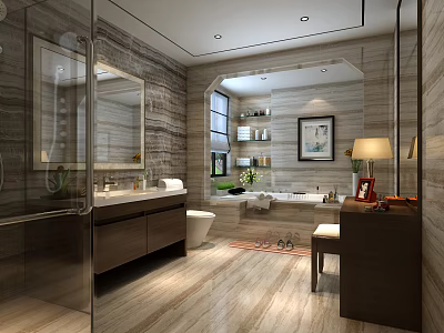 Modern Elegant Spacious Bathroom Interior With Marble Tiles Shower Enclosure Bathtub And Functional Vanity Area 3d model