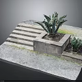 Outdoor Garden Scene With Stone Steps Square Planter And Agave Plants