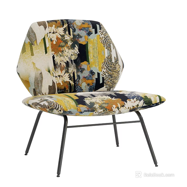Stylish Modern Accent Chair With Colorful Floral Pattern Upholstery And Black Metal Legs 3d model 