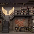 Two Story Restaurant Interior With Wing Shaped Lighting Concrete Walls Red Brick Accents And Tables