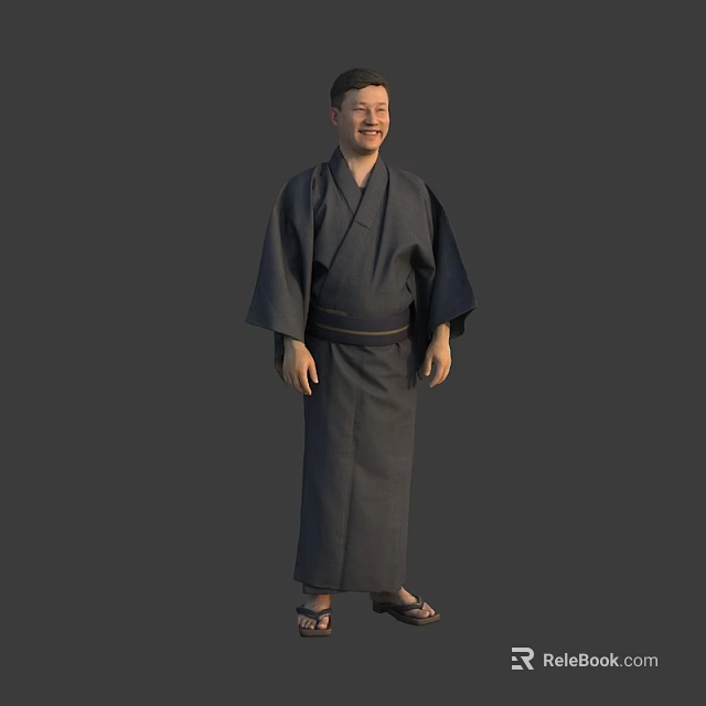 Man in Dark Kimono Standing Full Body Pose in Gray Background with Traditional Attire 3d model 