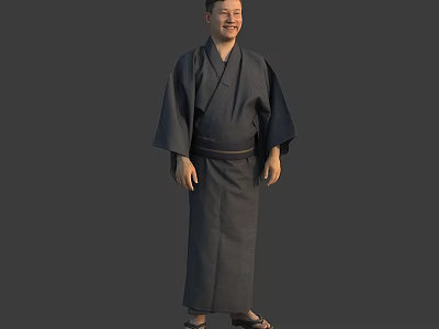Man in Dark Kimono Standing Full Body Pose in Gray Background with Traditional Attire 3d model