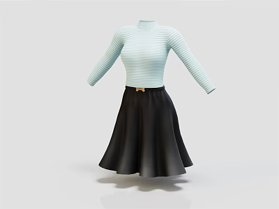 Light Blue Striped Long Sleeve Top With Black A Line Skirt And Gold Belt 3d model