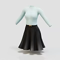 Light Blue Striped Long Sleeve Top With Black A Line Skirt And Gold Belt