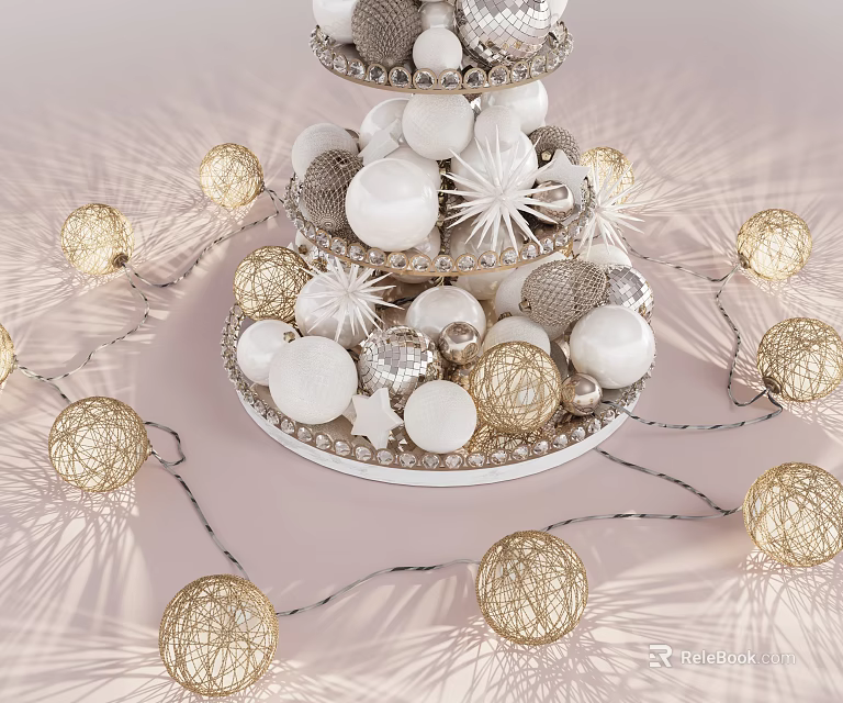 Decorative Lights with White Gold Spherical Balls and Layered String Ornament Design 3d model 