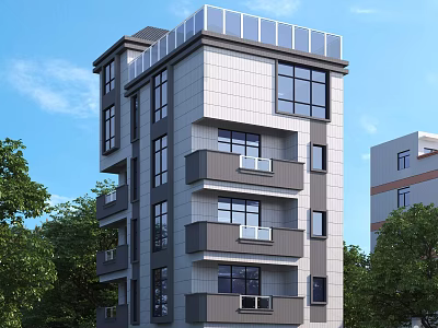Modern Multi Story Detached Villa With Solar Panel Roof Balconies Large Windows Surrounded By Trees 3d model