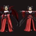 Game And Movie Character With Red Robe Black Wings Blonde Hair And Weapons