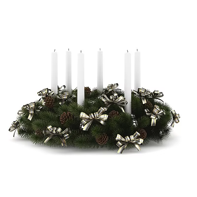 Festive Candle Lamp Decorated With White Candles Green Pine Branches Pine Cones And Silver Bows 3d model