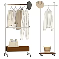 Modern Metal Clothes Rack with Wheels Wooden Tray Wicker Basket and Hanging Clothes Hats