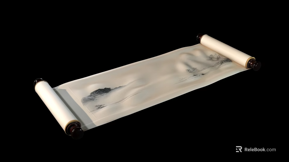 Elegant Musical Instruments and Art Supplies with Traditional Scroll Painting Mountain Design 3d model 