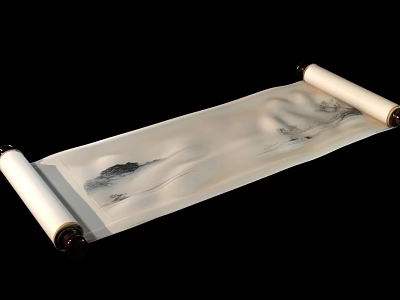 Elegant Musical Instruments and Art Supplies with Traditional Scroll Painting Mountain Design 3d model