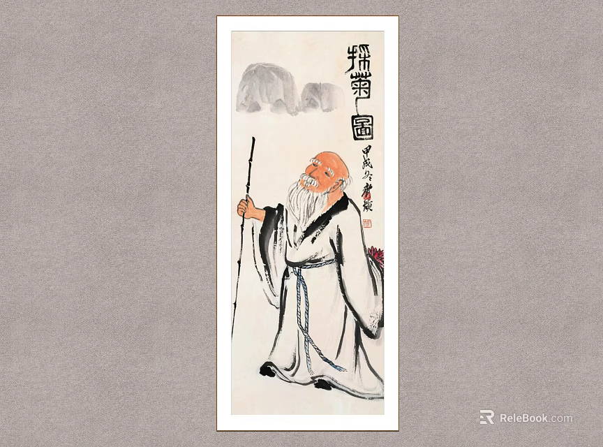 Traditional Chinese Elderly Man Figure Painting With Walking Stick Mountain Background And Calligraphy 3d model 