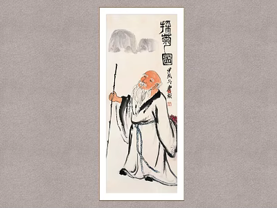 Traditional Chinese Elderly Man Figure Painting With Walking Stick Mountain Background And Calligraphy 3d model